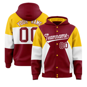 Custom Crimson Gold-White Color Block Varsity Full-Snap Letterman Hoodie Jacket