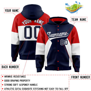 Custom Navy Red-White Color Block Varsity Full-Snap Letterman Hoodie Jacket