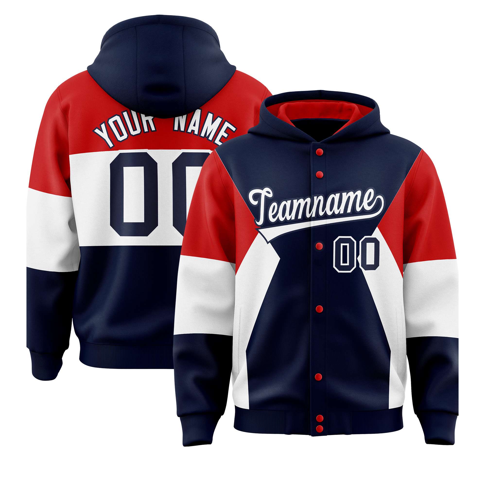 Custom Navy Red-White Color Block Varsity Full-Snap Letterman Hoodie Jacket