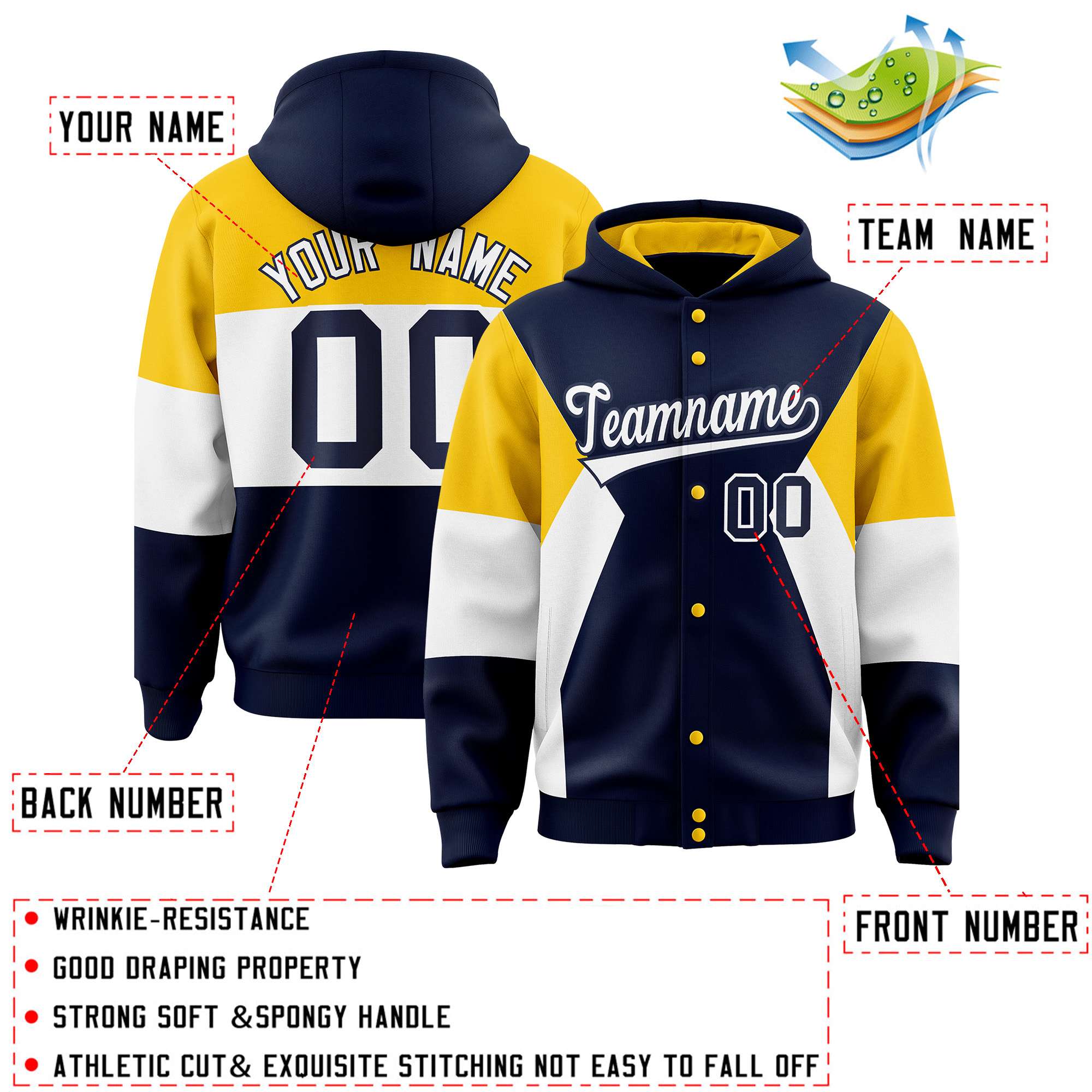 Custom Navy Gold-White Color Block Varsity Full-Snap Letterman Hoodie Jacket