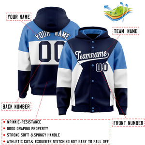 Custom Navy Light Blue-White Color Block Varsity Full-Snap Letterman Hoodie Jacket