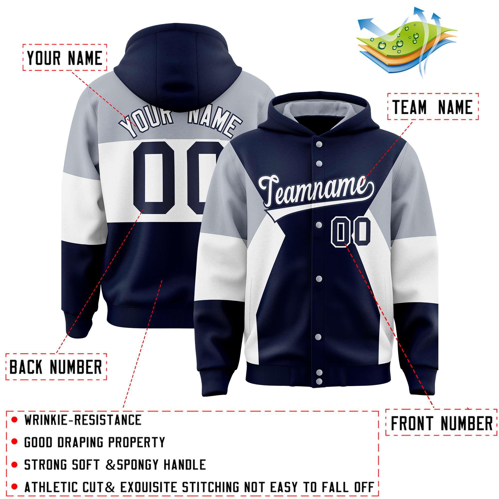 Custom Navy Silver-White Color Block Varsity Full-Snap Letterman Hoodie Jacket