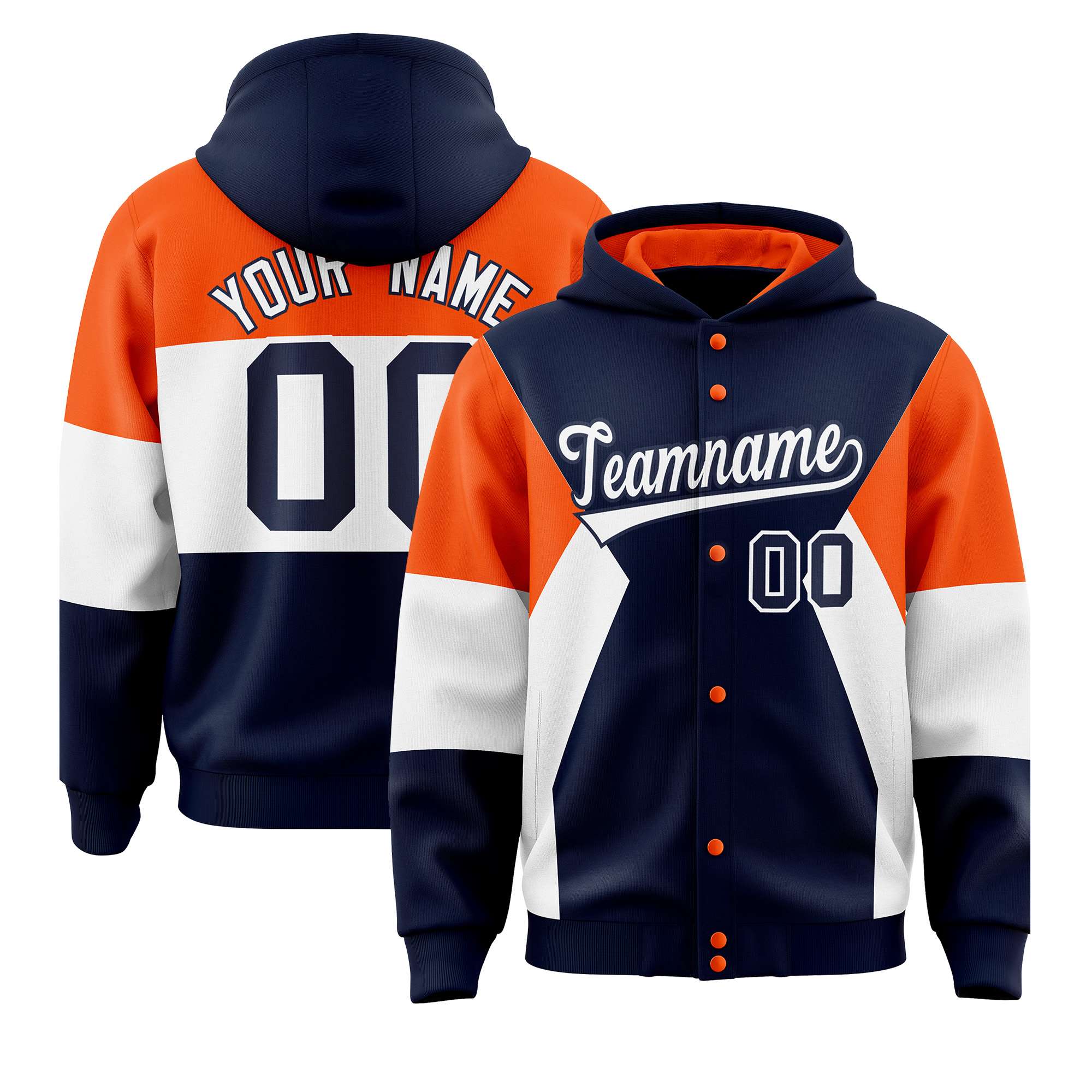 Custom Navy Orange-White Color Block Varsity Full-Snap Letterman Hoodie Jacket