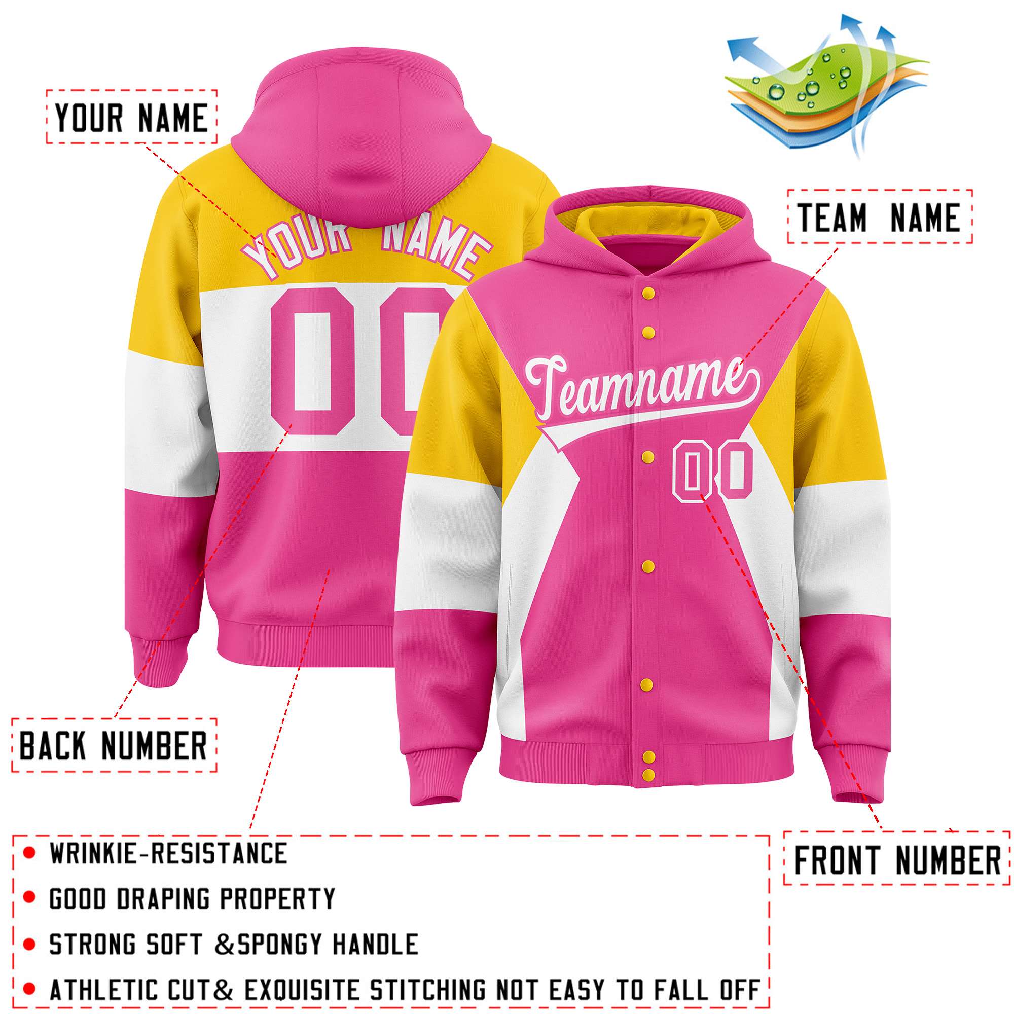 Custom Pink Gold-White Color Block Varsity Full-Snap Letterman Hoodie Jacket