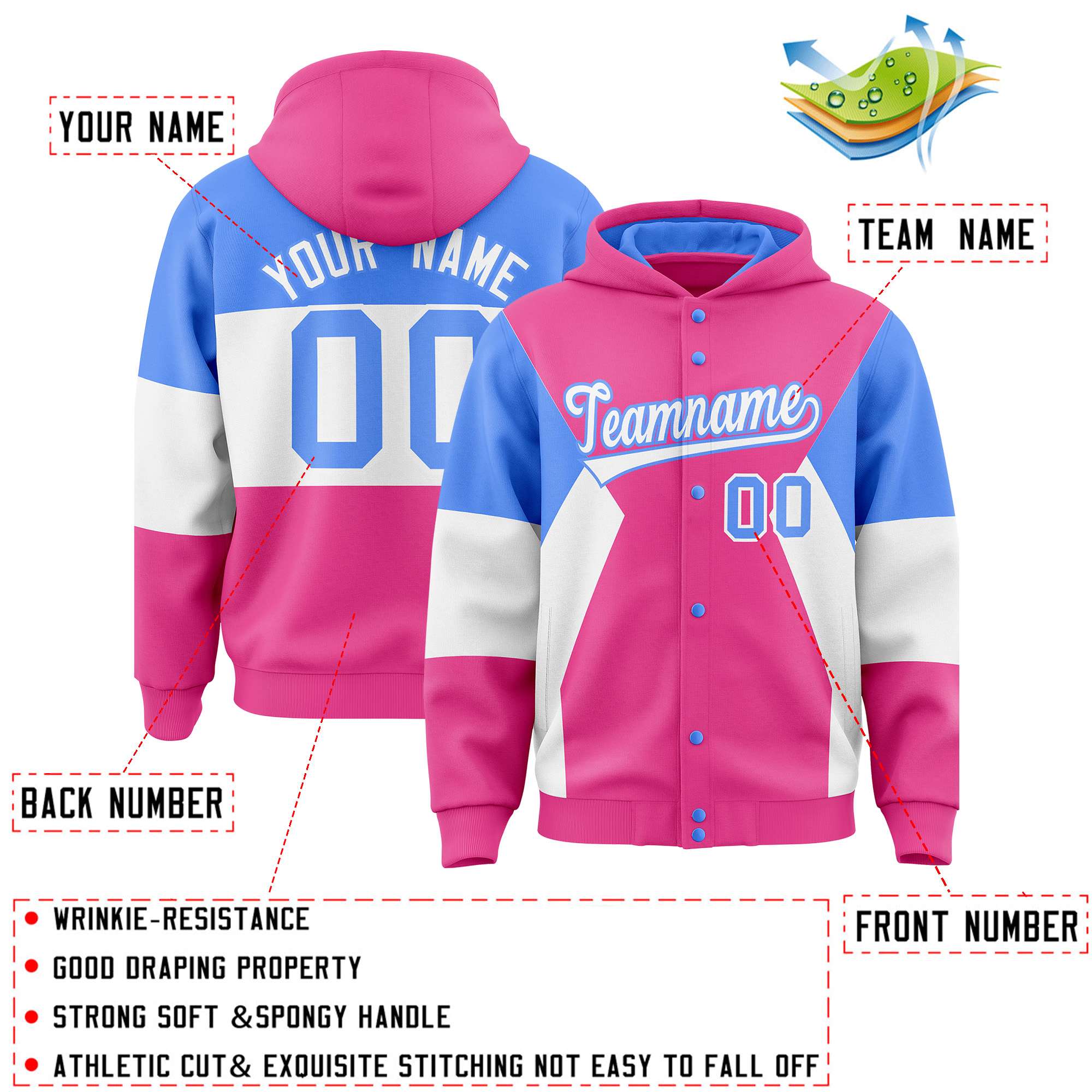 Custom Pink Powder Blue-White Color Block Varsity Full-Snap Letterman Hoodie Jacket