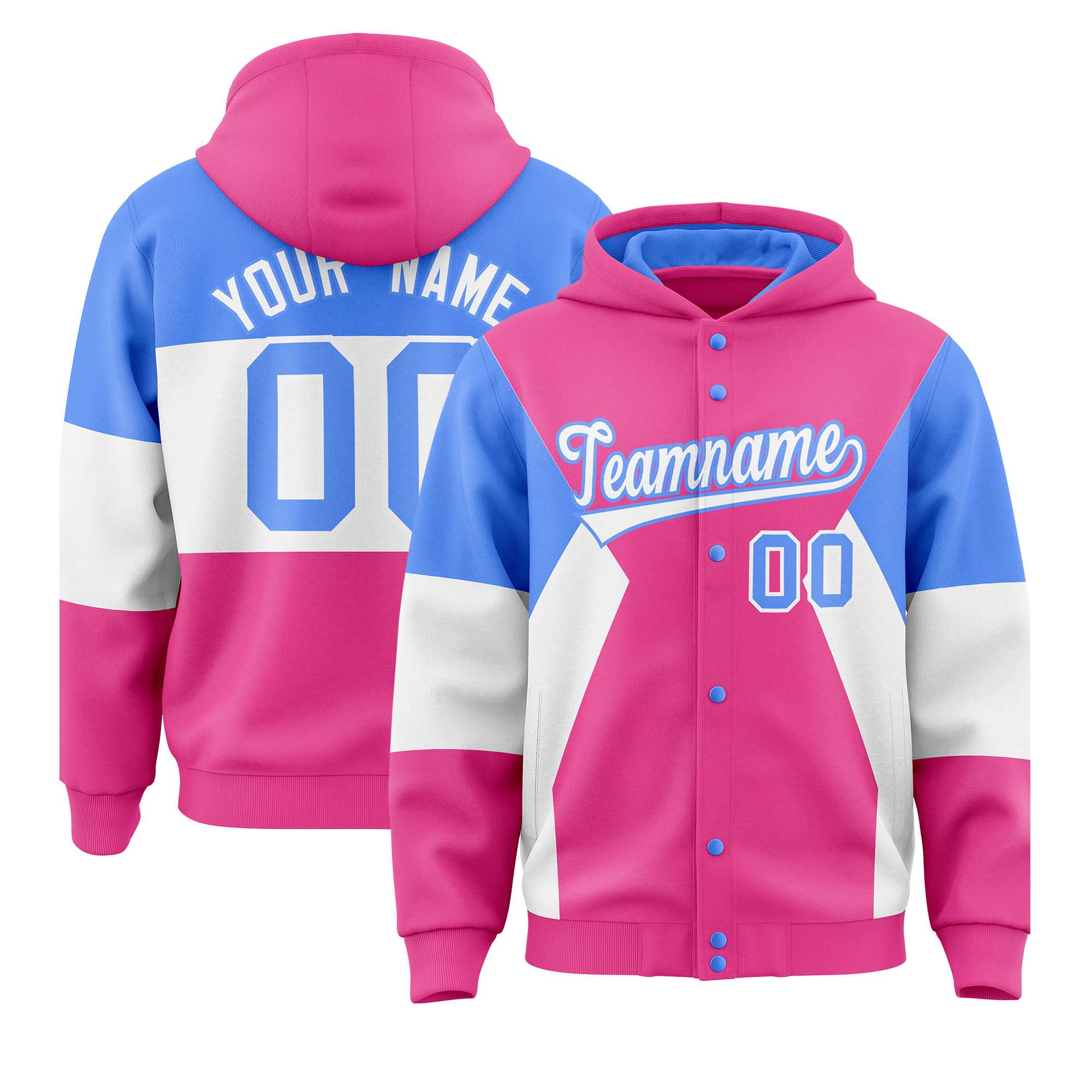 Custom Pink Powder Blue-White Color Block Varsity Full-Snap Letterman Hoodie Jacket