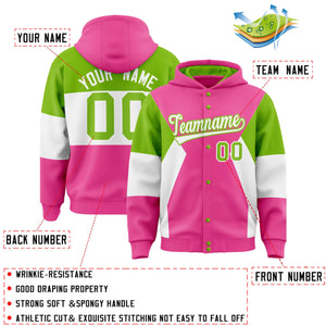 Custom Pink Neon Green-White Color Block Varsity Full-Snap Letterman Hoodie Jacket