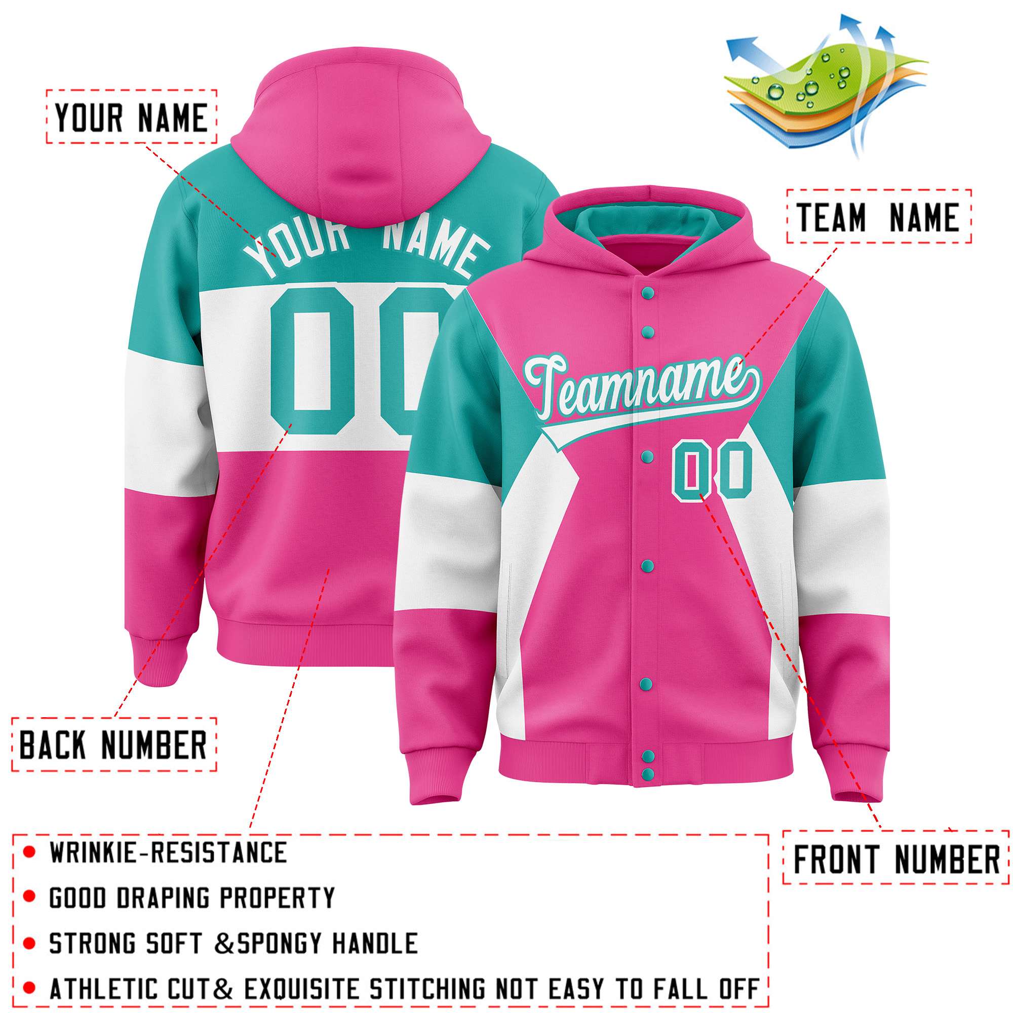 Custom Pink Aqua-White Color Block Varsity Full-Snap Letterman Hoodie Jacket