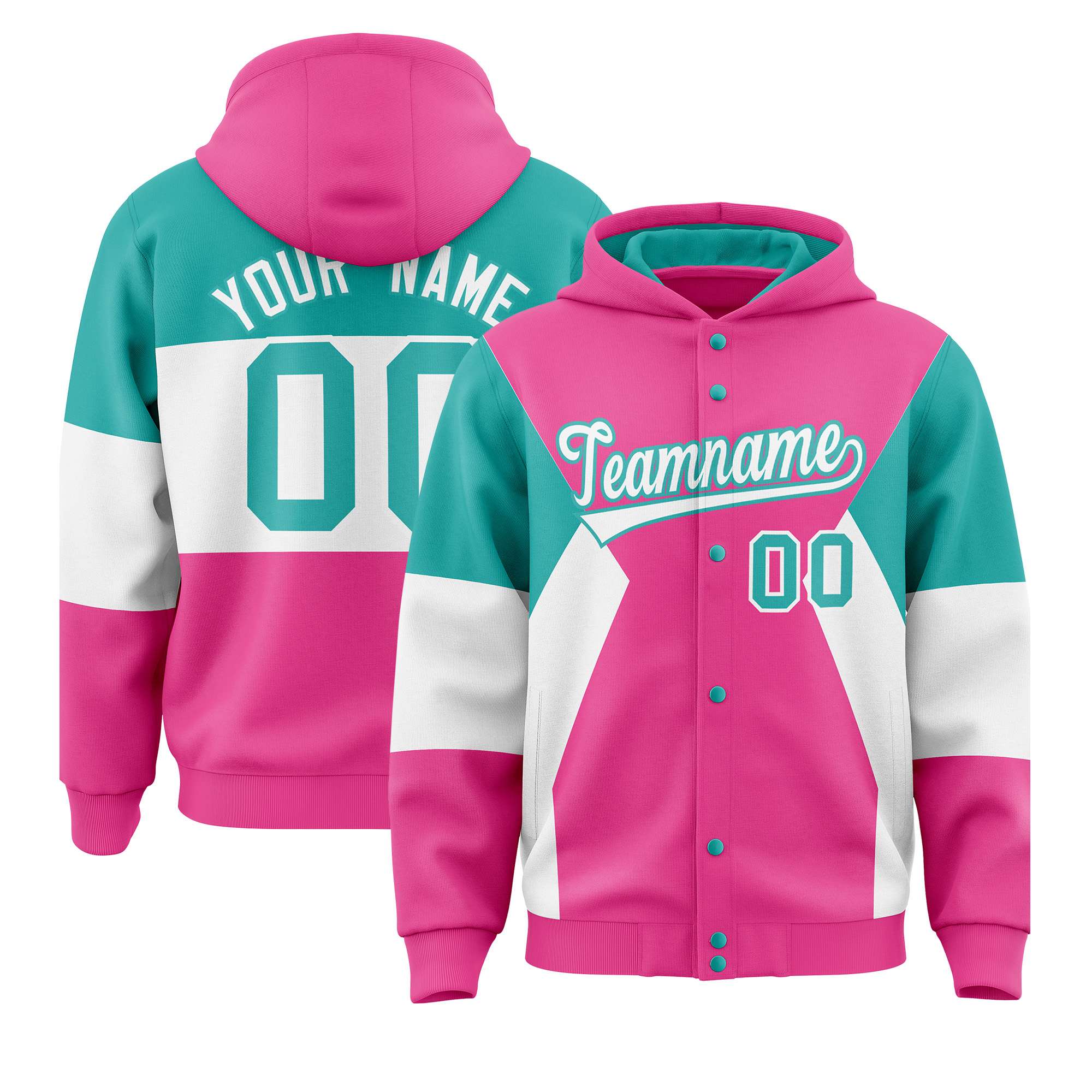 Custom Pink Aqua-White Color Block Varsity Full-Snap Letterman Hoodie Jacket