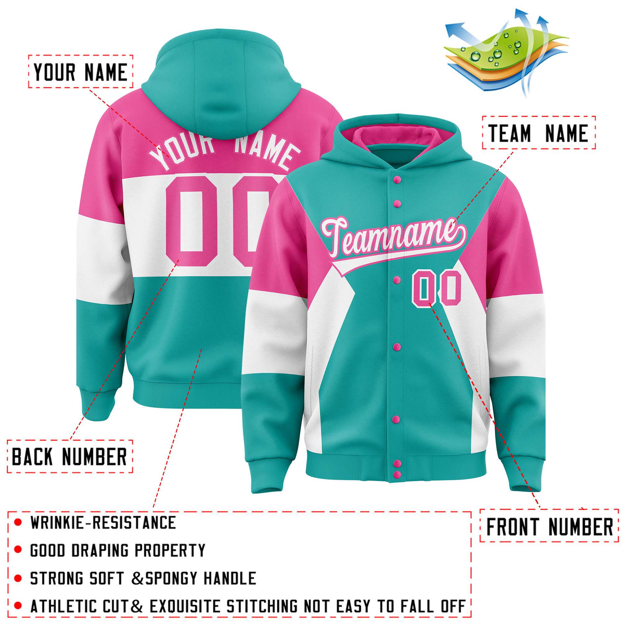 Custom Aqua Pink-White Color Block Varsity Full-Snap Letterman Hoodie Jacket