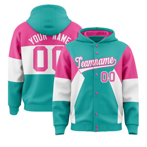 Custom Aqua Pink-White Color Block Varsity Full-Snap Letterman Hoodie Jacket