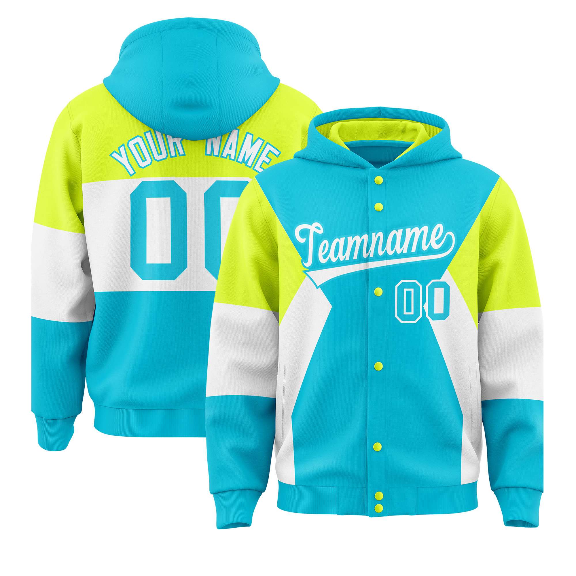 Custom Sky Blue Fluorescent Green-White Color Block Varsity Full-Snap Letterman Hoodie Jacket