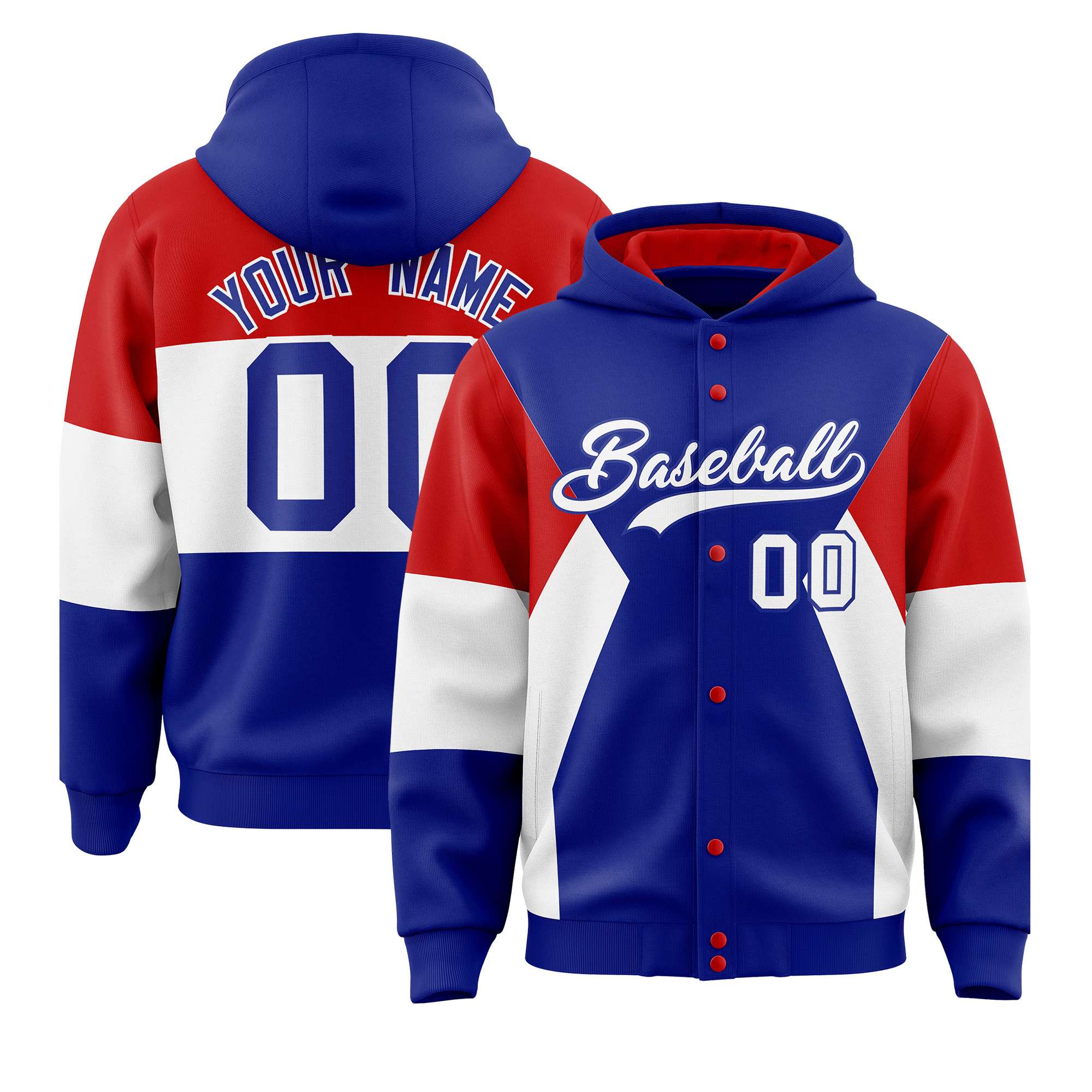 Custom Royal Red-White Color Block Varsity Full-Snap Letterman Hoodie Jacket