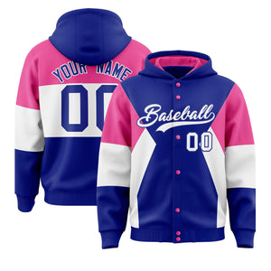 Custom Royal Pink-White Color Block Varsity Full-Snap Letterman Hoodie Jacket