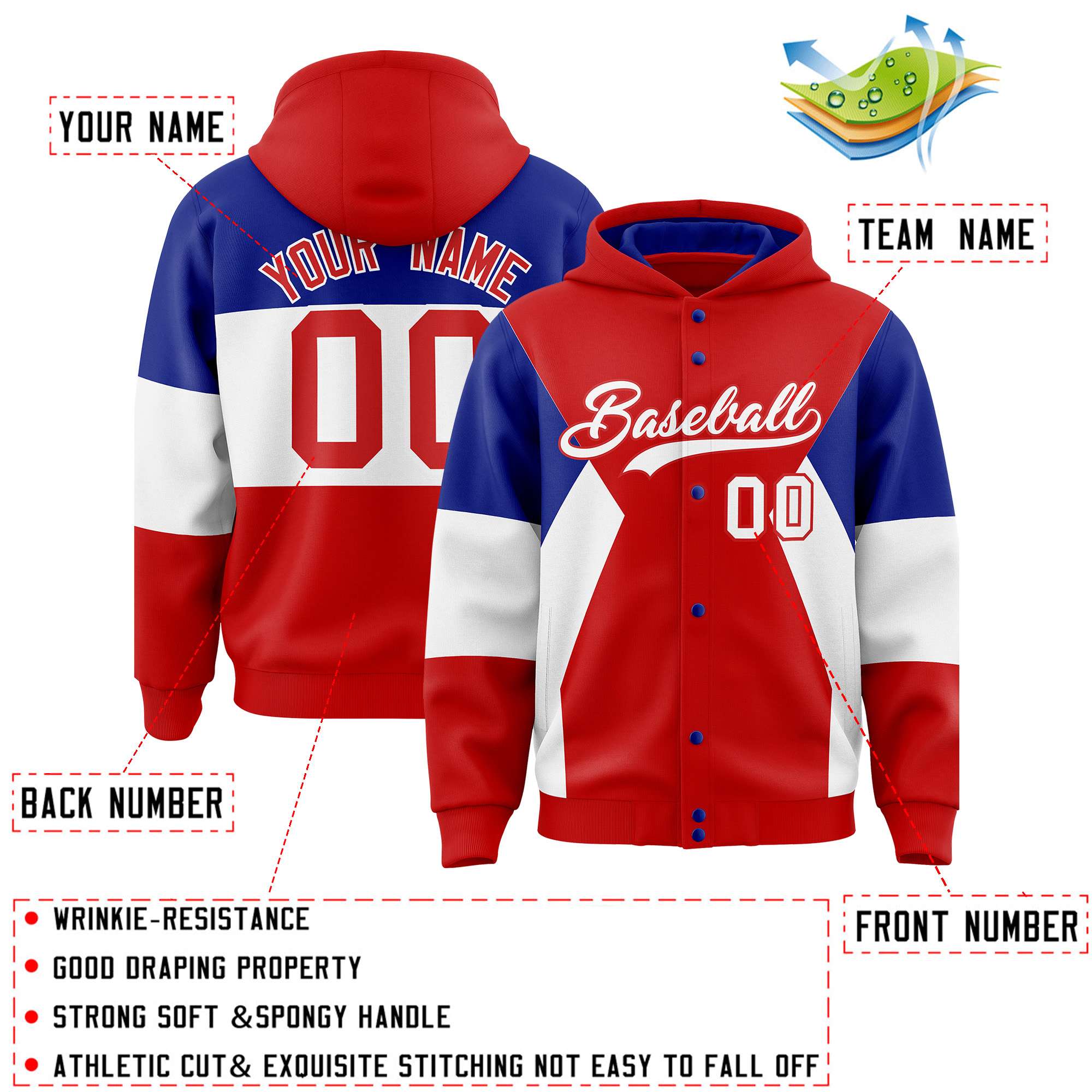 Custom Red Royal-White Color Block Varsity Full-Snap Letterman Hoodie Jacket