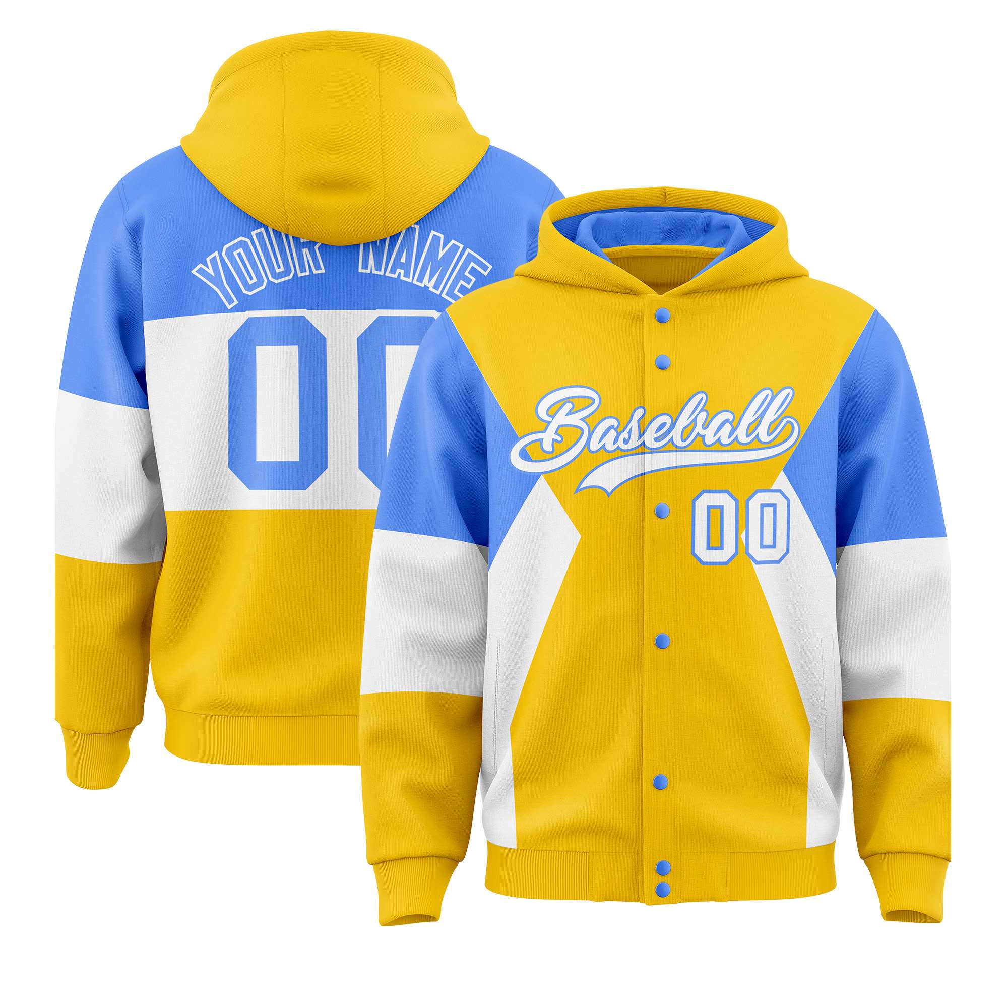 Custom Gold Powder Blue-White Color Block Varsity Full-Snap Letterman Hoodie Jacket