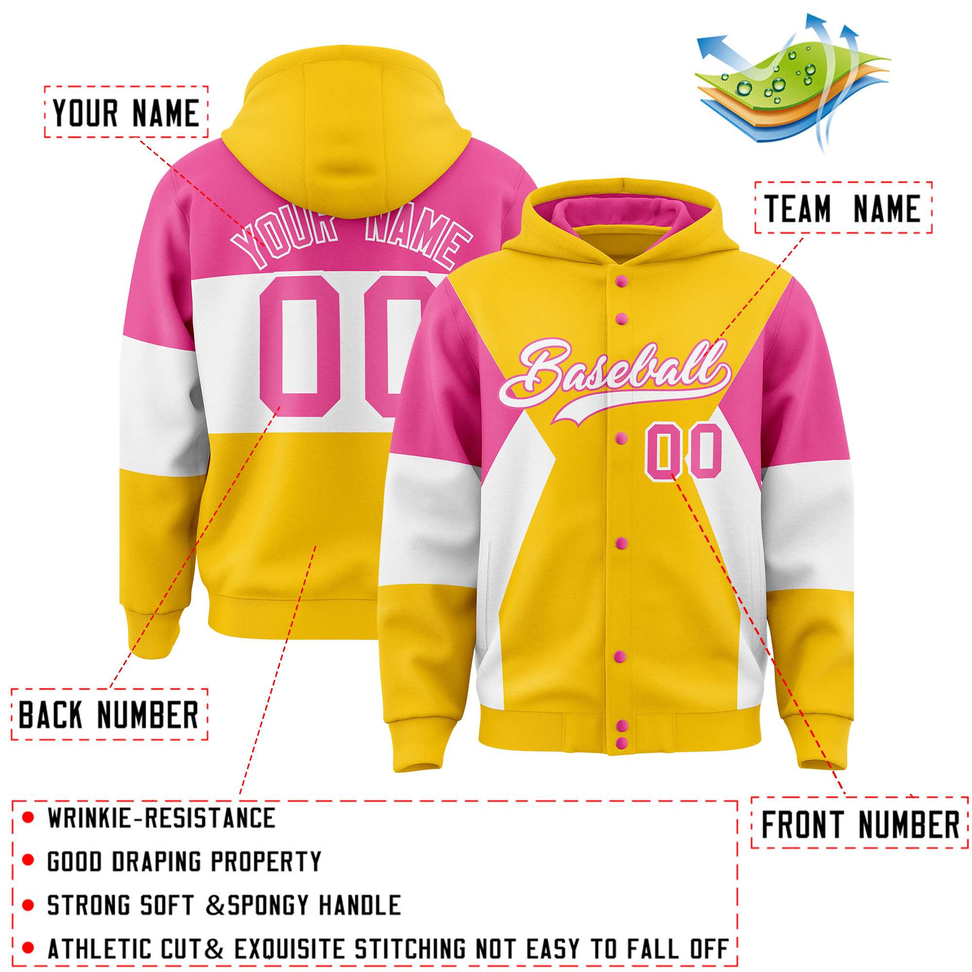 Custom Gold Pink-White Color Block Varsity Full-Snap Letterman Hoodie Jacket