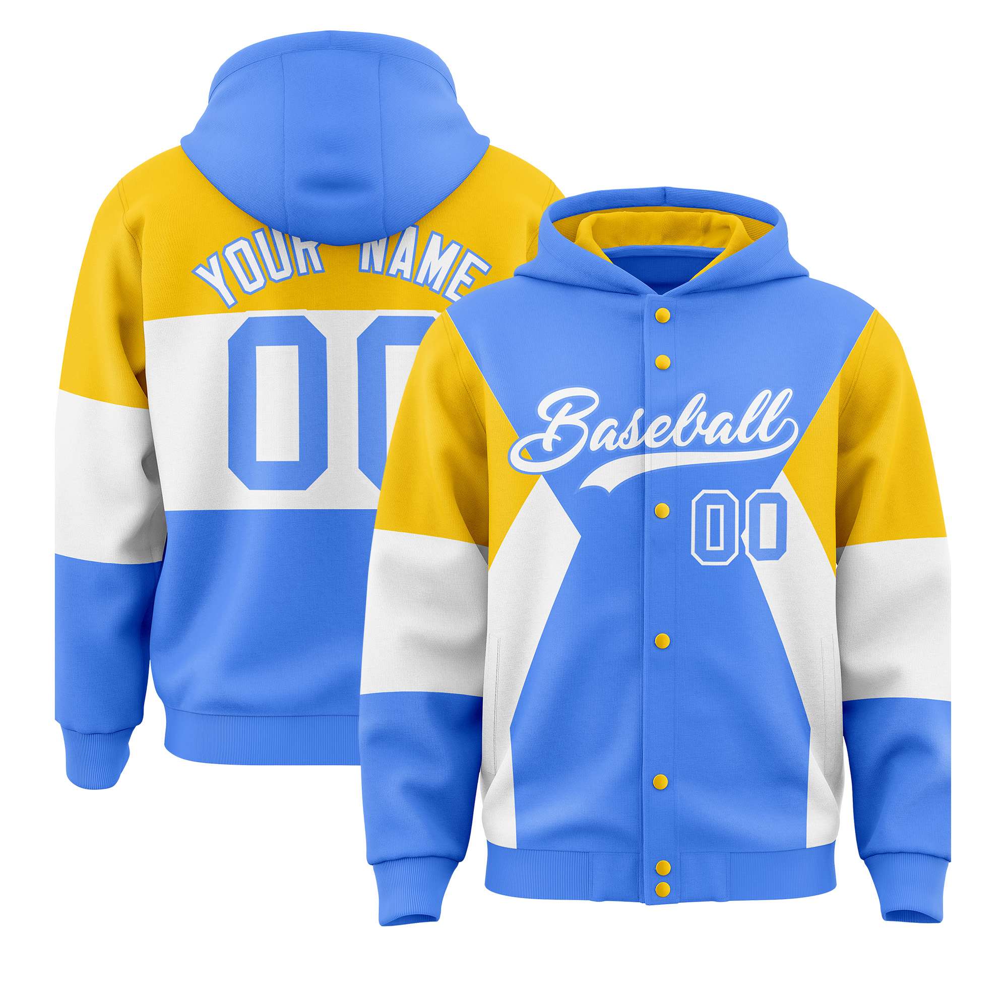 Custom Powder Blue Gold-White Color Block Varsity Full-Snap Letterman Hoodie Jacket