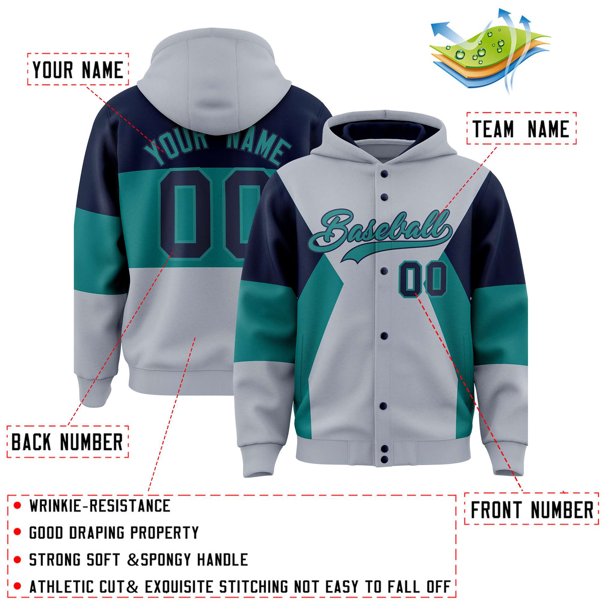 Custom Silver Navy-Aqua Color Block Varsity Full-Snap Letterman Hoodie Jacket