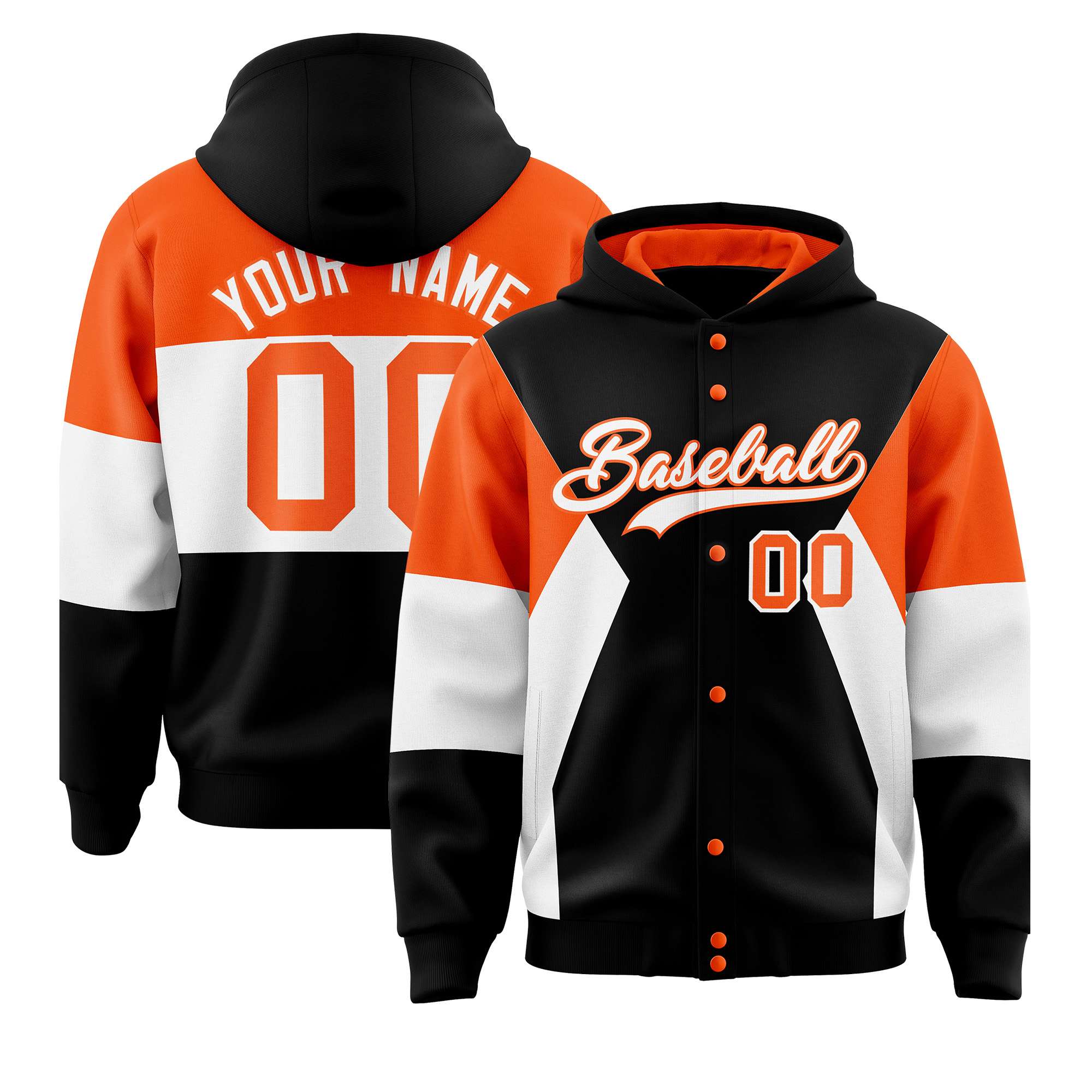 Custom Black Orange-White Color Block Varsity Full-Snap Letterman Hoodie Jacket