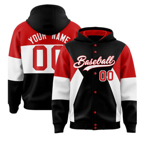 Custom Black Red-White Color Block Varsity Full-Snap Letterman Hoodie Jacket