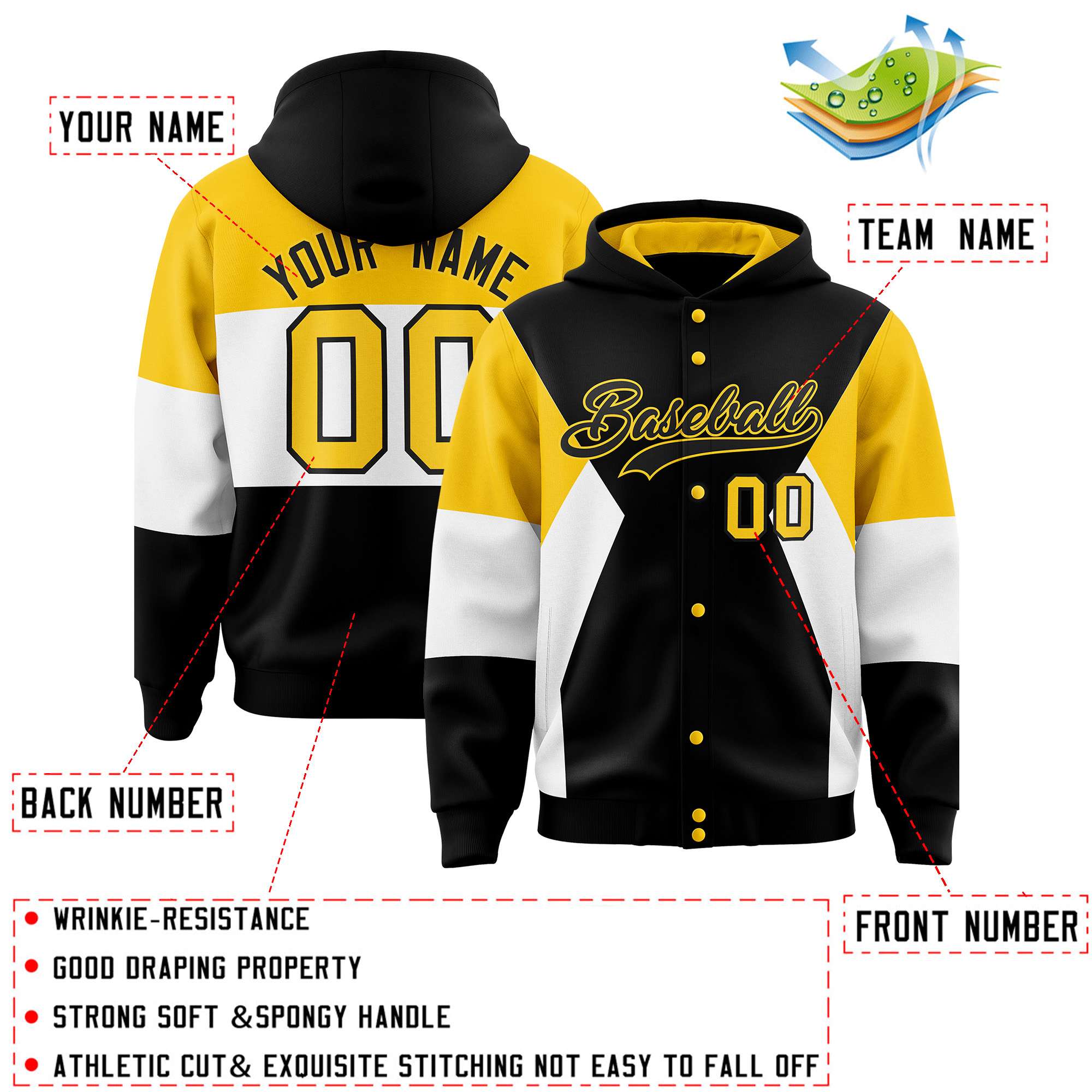 Custom Black Gold-White Color Block Varsity Full-Snap Letterman Hoodie Jacket