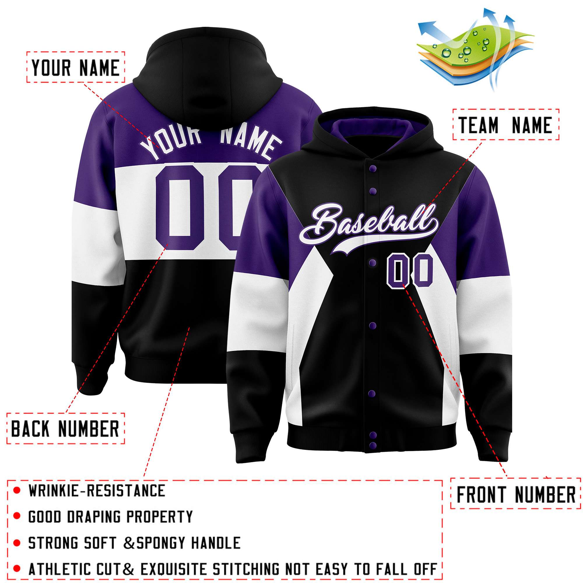 Custom Black Purple-White Color Block Varsity Full-Snap Letterman Hoodie Jacket