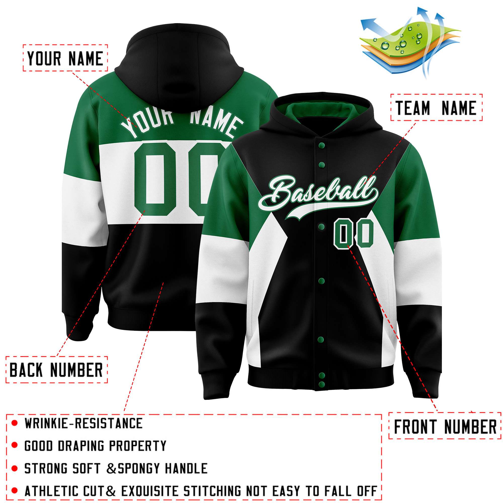 Custom Black Kelly Green-White Color Block Varsity Full-Snap Letterman Hoodie Jacket