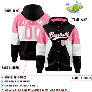 Custom Black Light Pink-White Color Block Varsity Full-Snap Letterman Hoodie Jacket