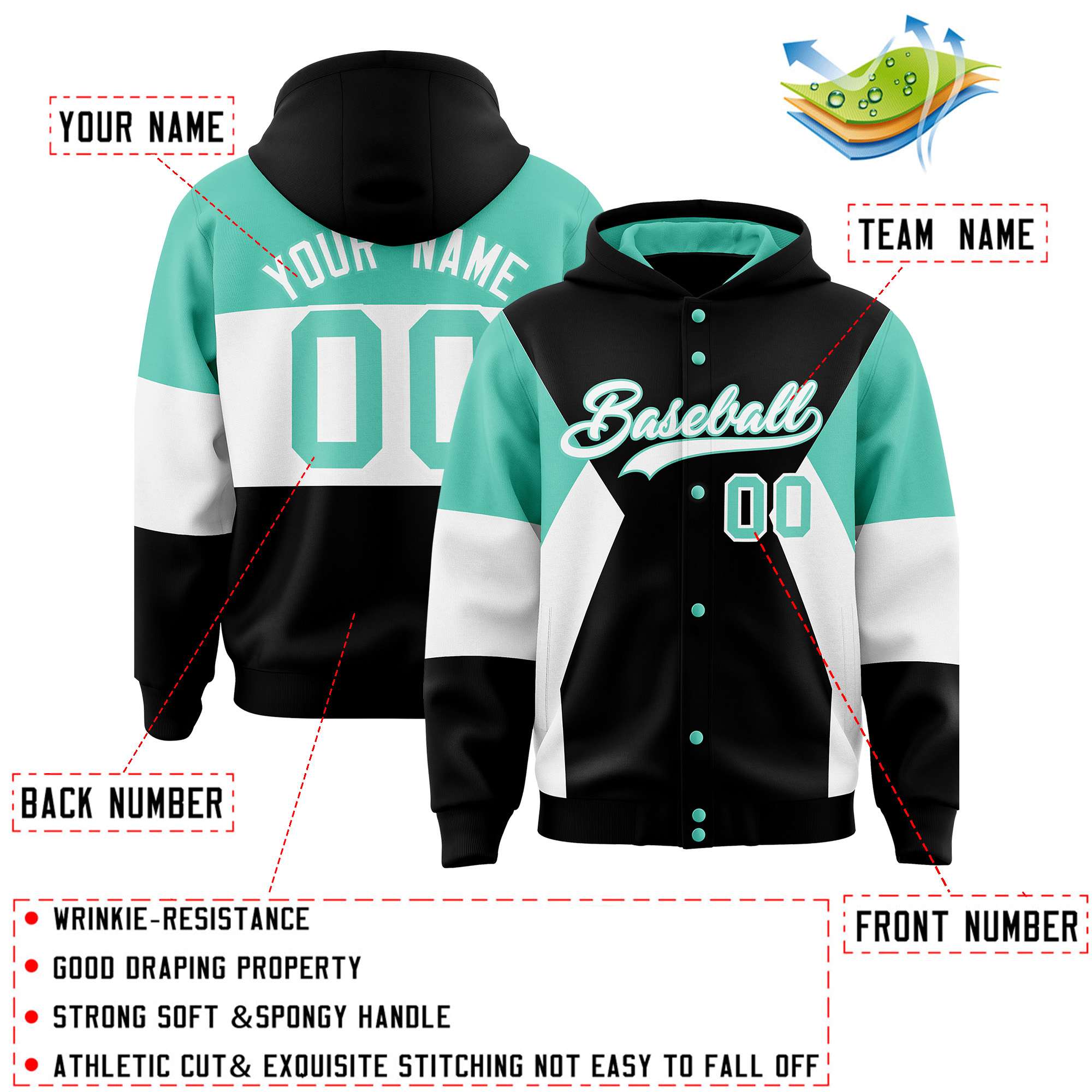 Custom Black Bright Green-White Color Block Varsity Full-Snap Letterman Hoodie Jacket