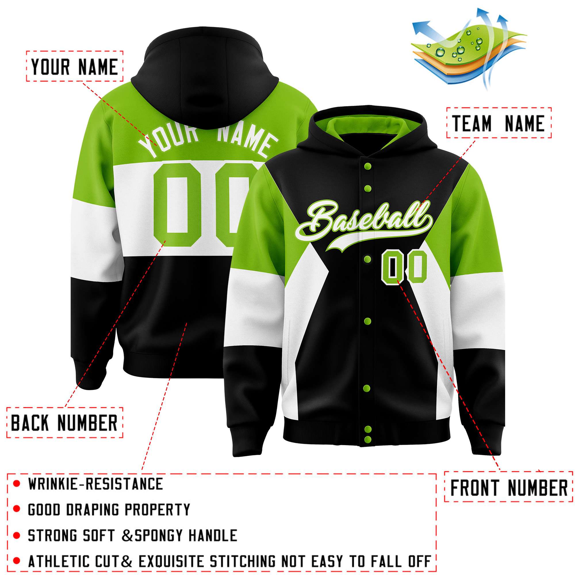 Custom Black Neon Green-White Color Block Varsity Full-Snap Letterman Hoodie Jacket