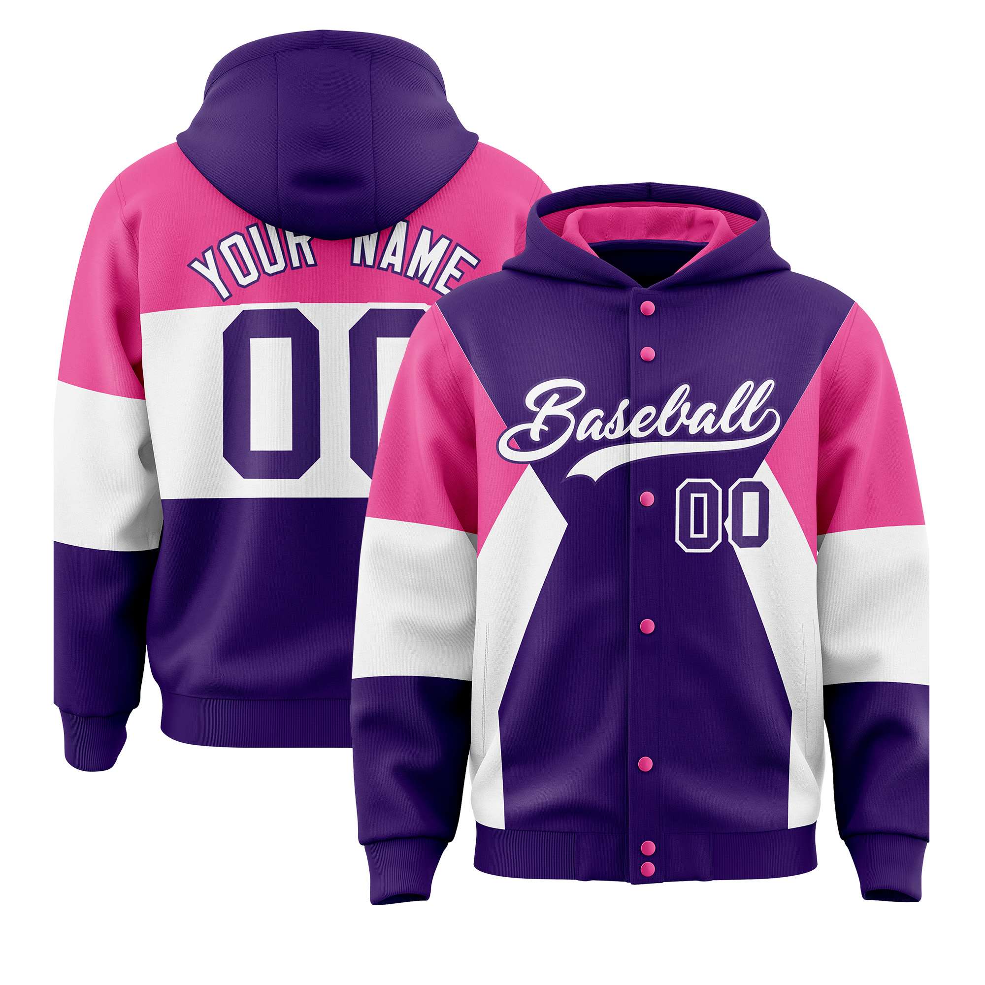 Custom Purple Pink-White Color Block Varsity Full-Snap Letterman Hoodie Jacket