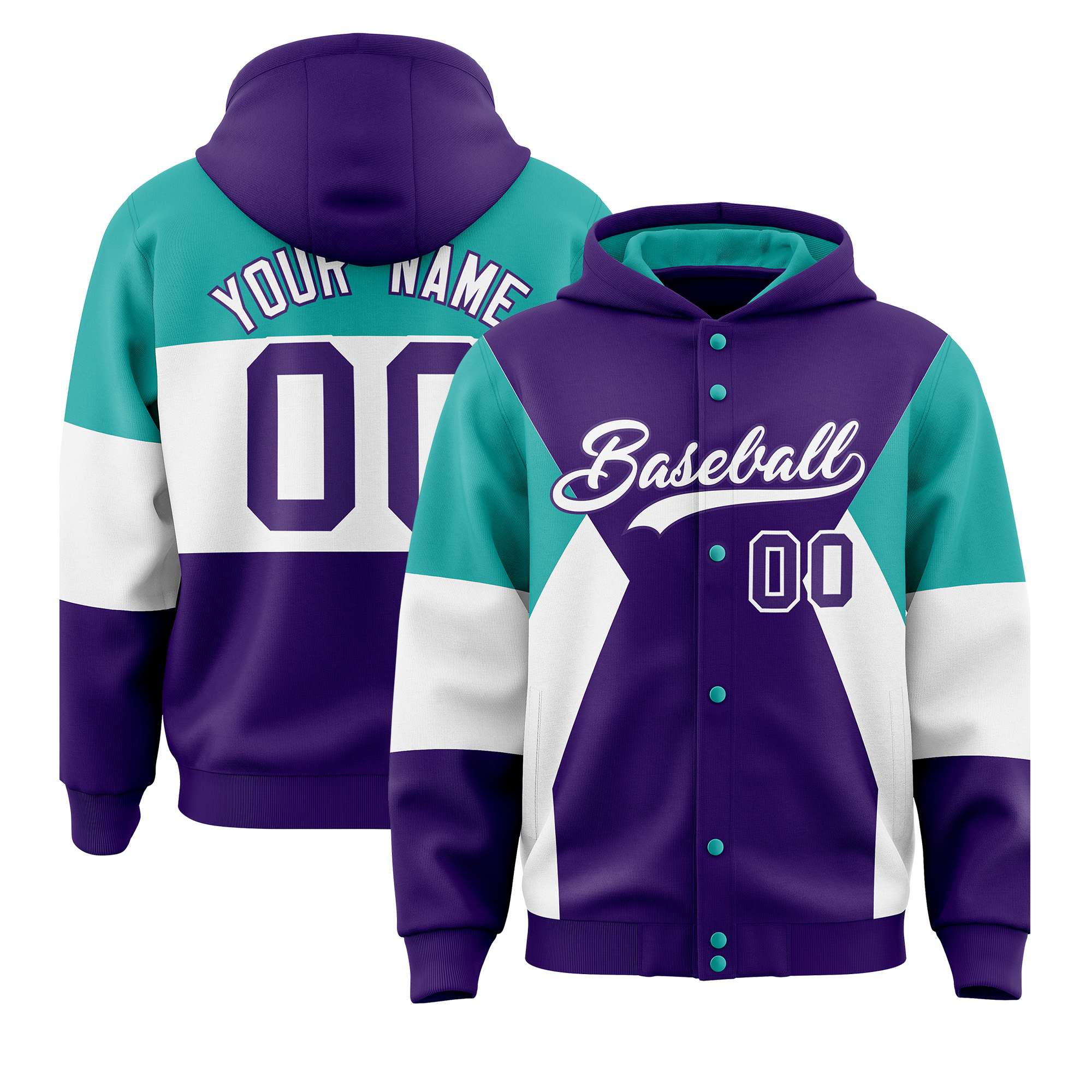 Custom Purple Aqua-White Color Block Varsity Full-Snap Letterman Hoodie Jacket