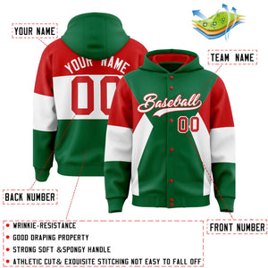 Custom Kelly Green Red-White Color Block Varsity Full-Snap Letterman Hoodie Jacket