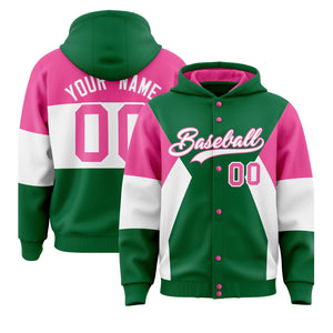 Custom Kelly Green Pink-White Color Block Varsity Full-Snap Letterman Hoodie Jacket