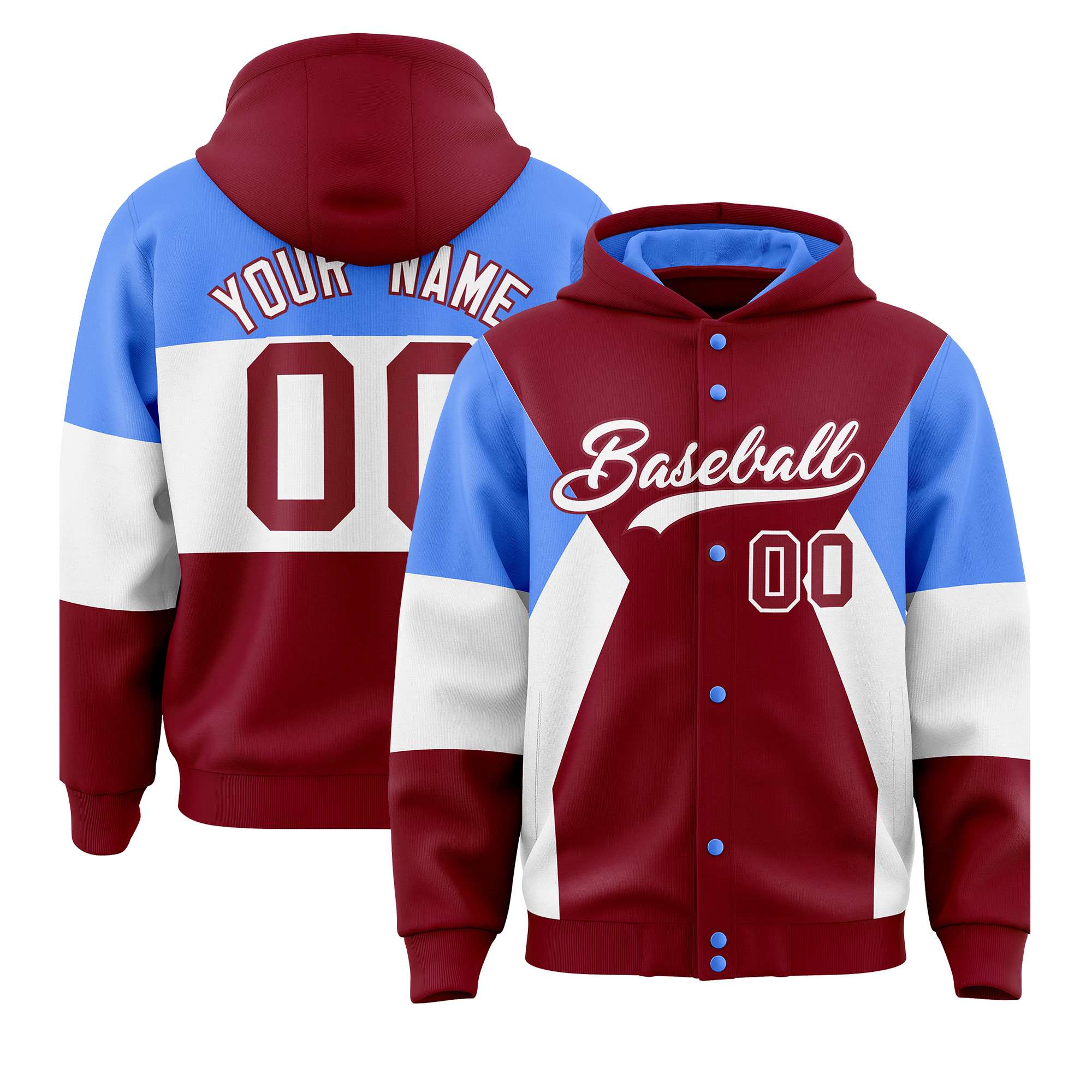 Custom Crimson Powder Blue-White Color Block Varsity Full-Snap Letterman Hoodie Jacket