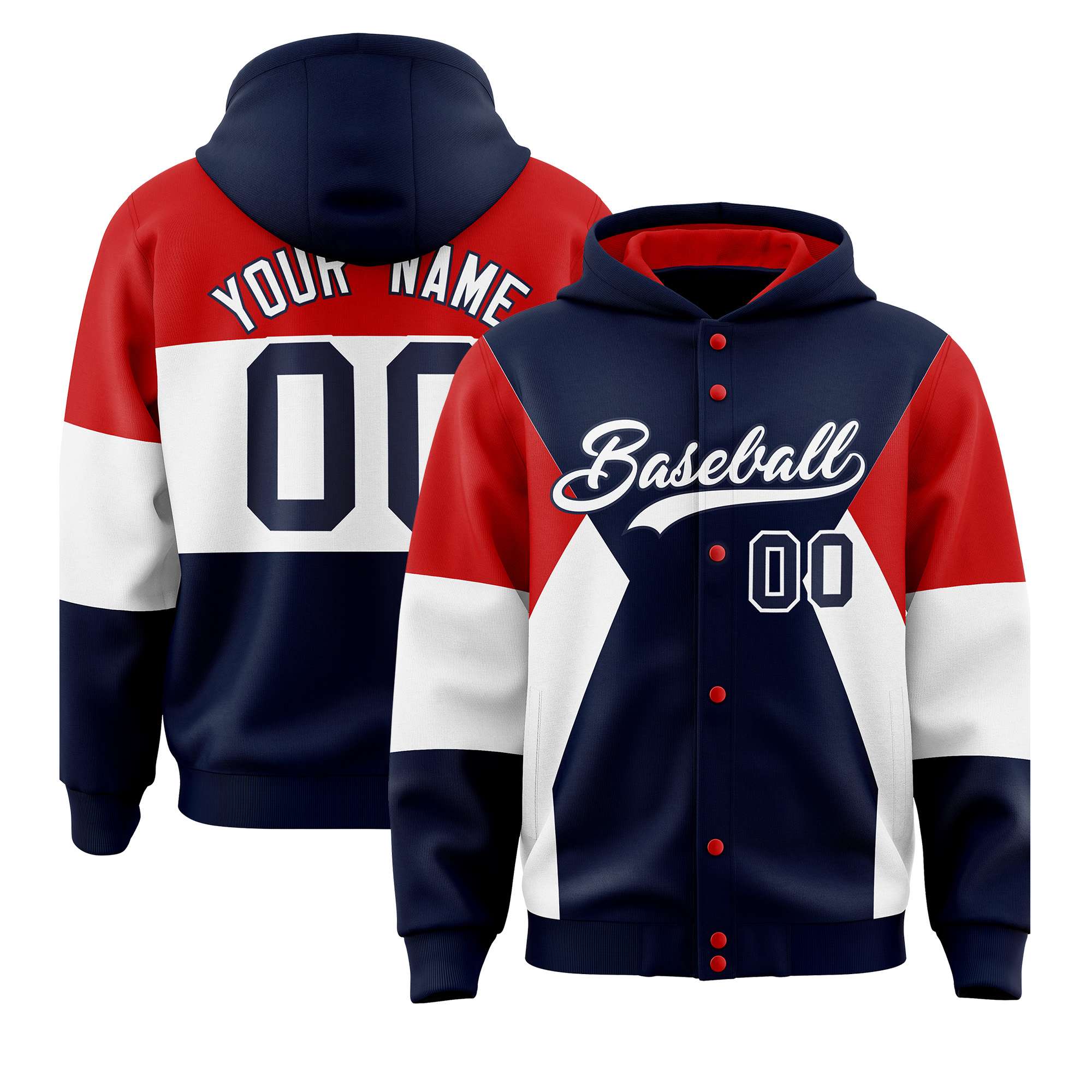 Custom Navy Red-White Color Block Varsity Full-Snap Letterman Hoodie Jacket