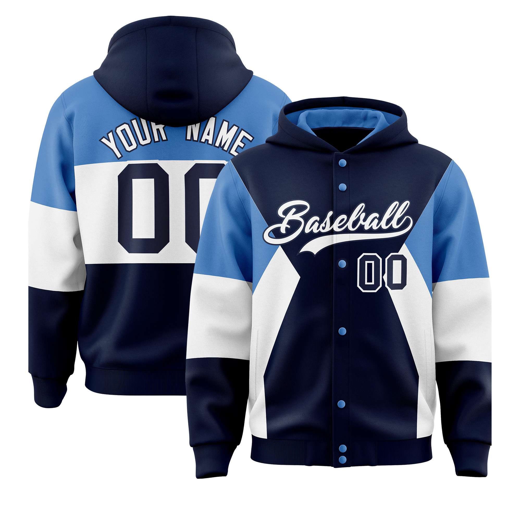 Custom Navy Light Blue-White Color Block Varsity Full-Snap Letterman Hoodie Jacket