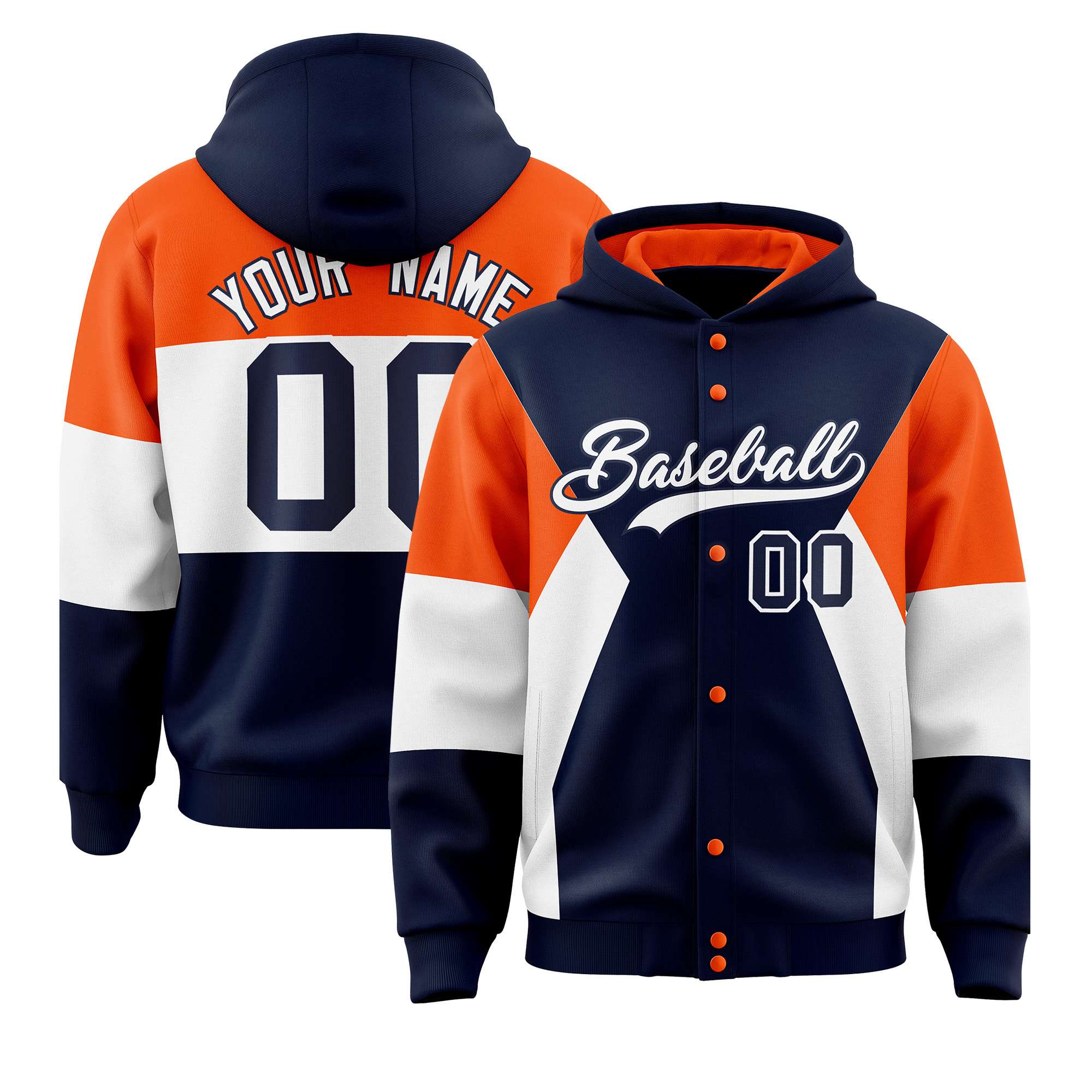 Custom Navy Orange-White Color Block Varsity Full-Snap Letterman Hoodie Jacket