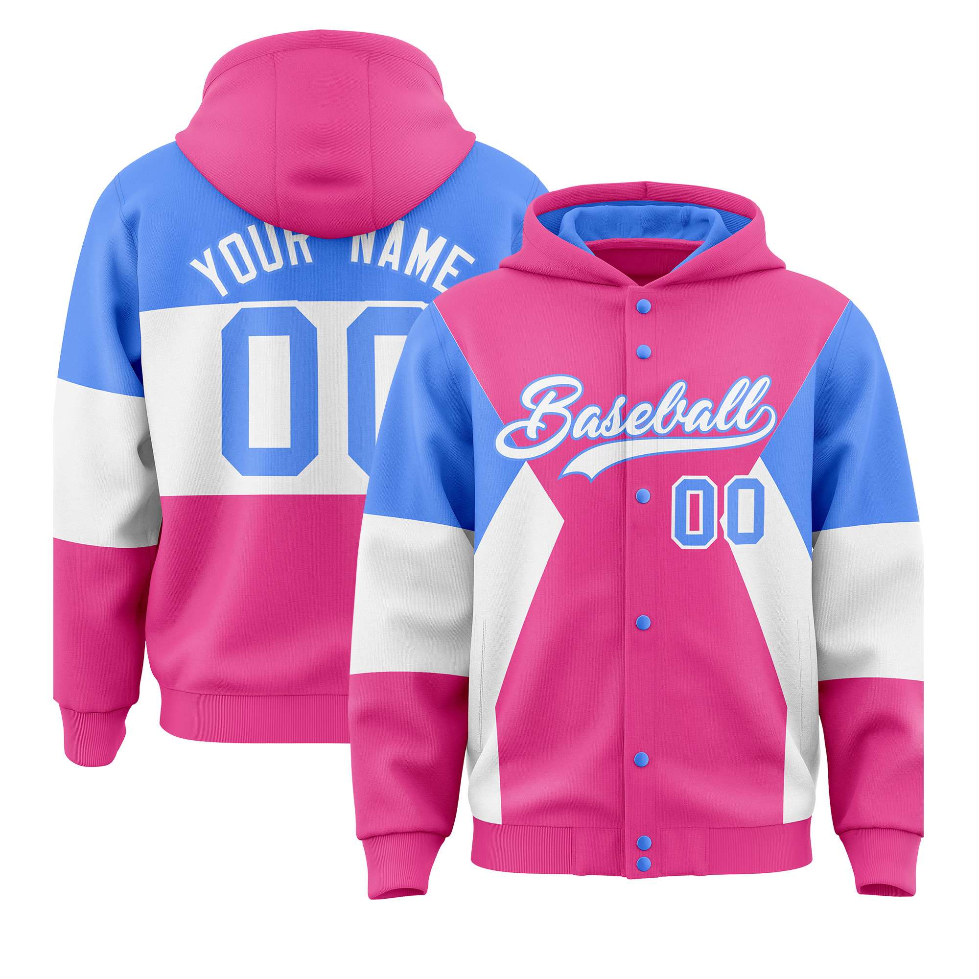 Custom Pink Powder Blue-White Color Block Varsity Full-Snap Letterman Hoodie Jacket