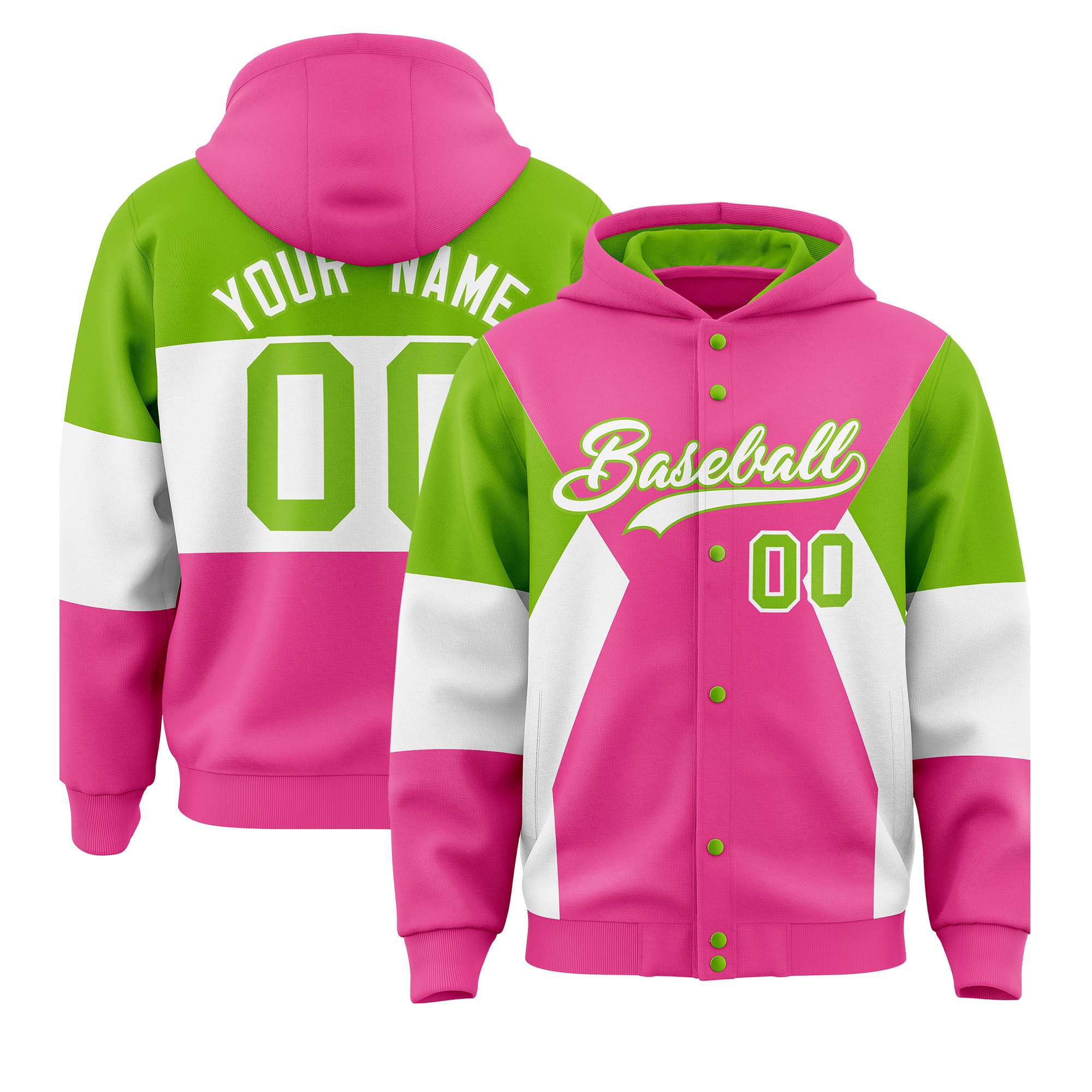 Custom Pink Neon Green-White Color Block Varsity Full-Snap Letterman Hoodie Jacket