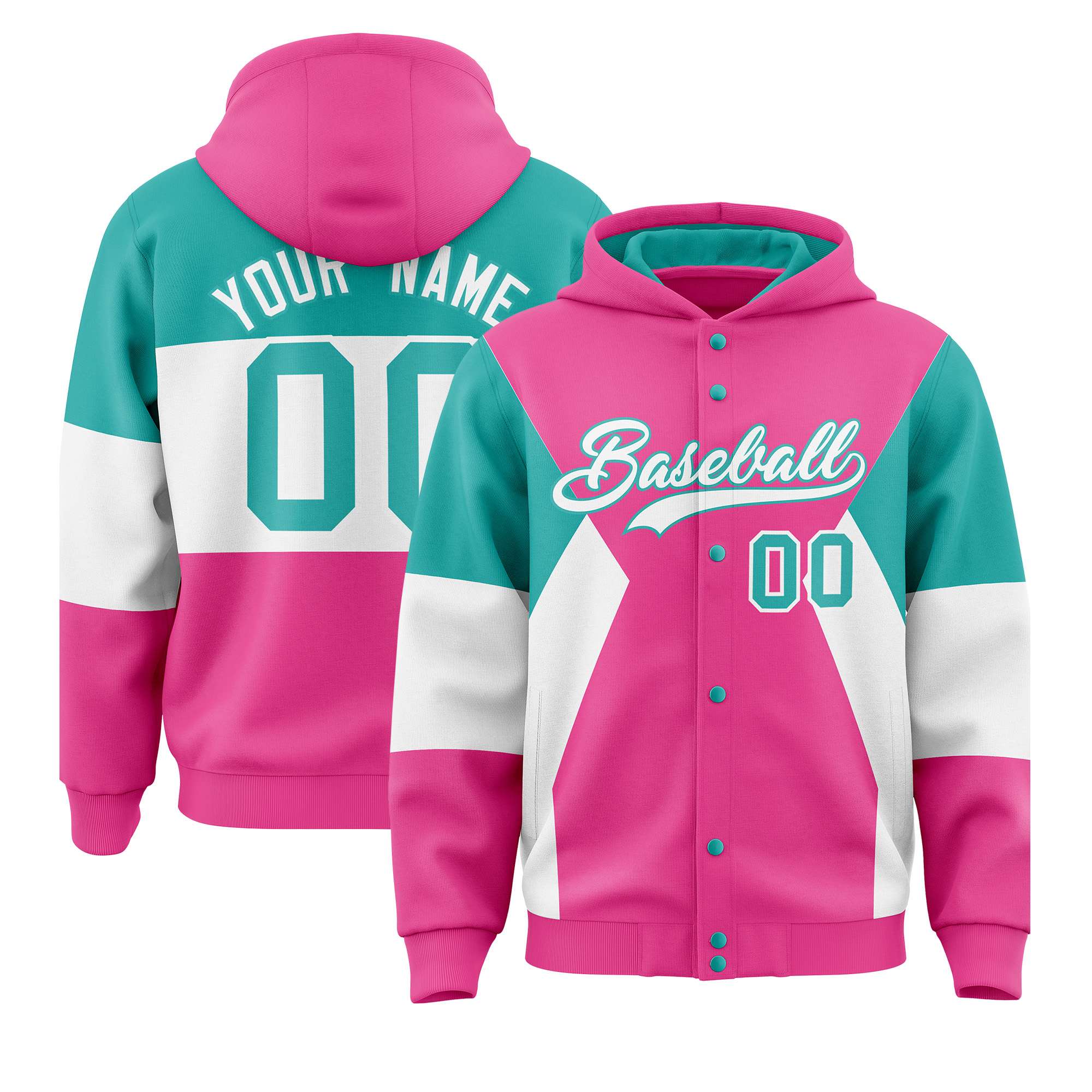 Custom Pink Aqua-White Color Block Varsity Full-Snap Letterman Hoodie Jacket