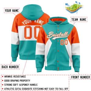 Custom Aqua Orange-White Color Block Varsity Full-Snap Letterman Hoodie Jacket