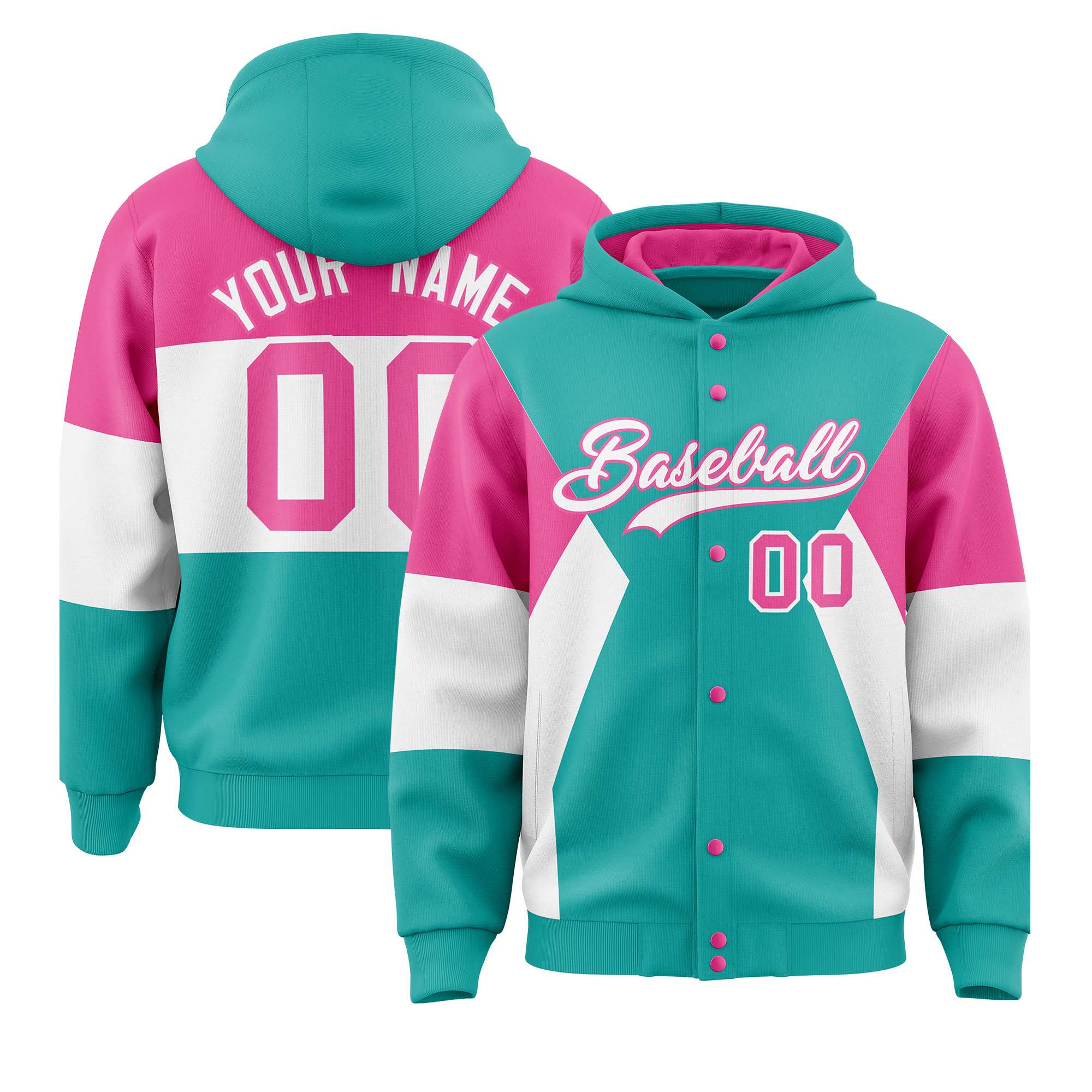 Custom Aqua Pink-White Color Block Varsity Full-Snap Letterman Hoodie Jacket