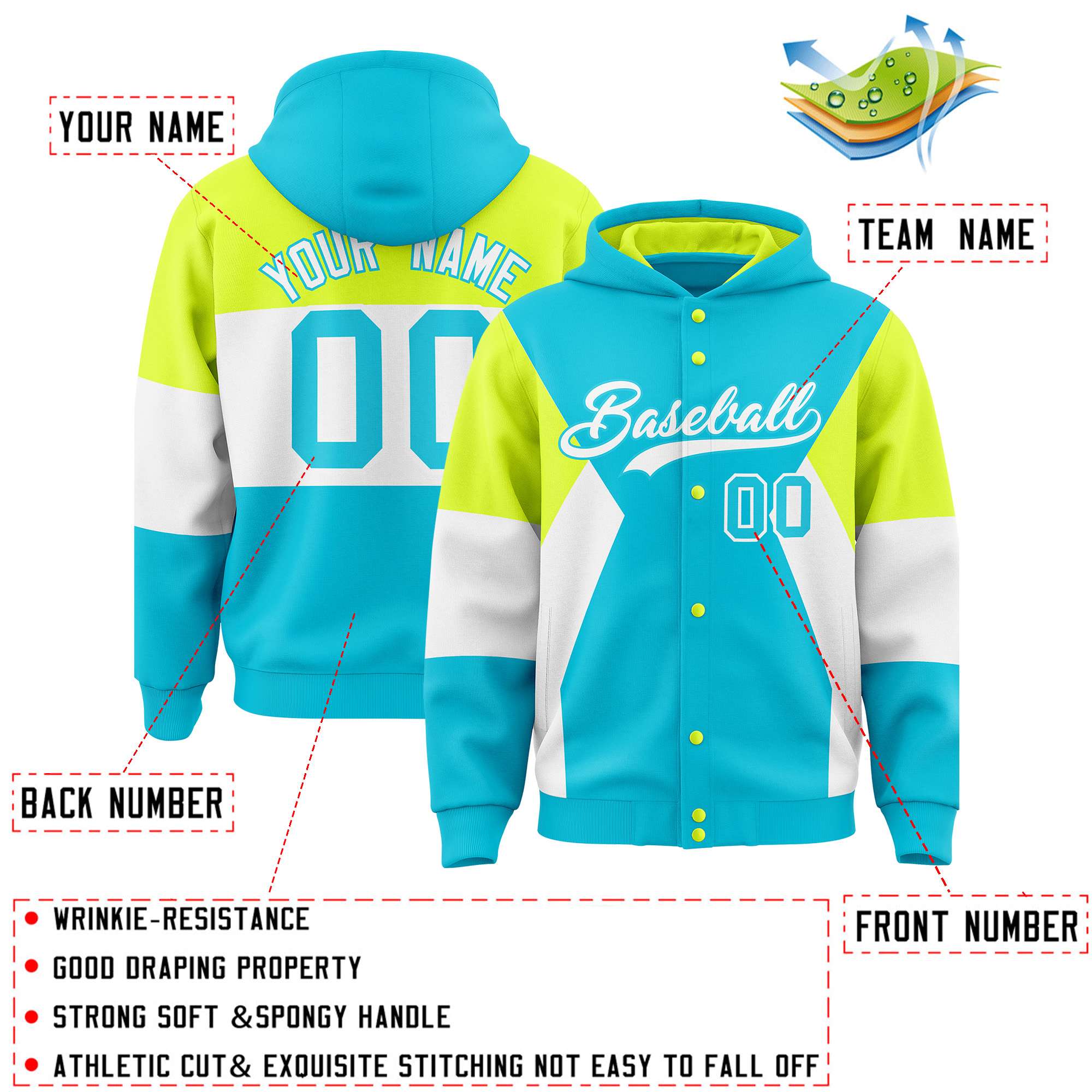 Custom Sky Blue Fluorescent Green-White Color Block Varsity Full-Snap Letterman Hoodie Jacket