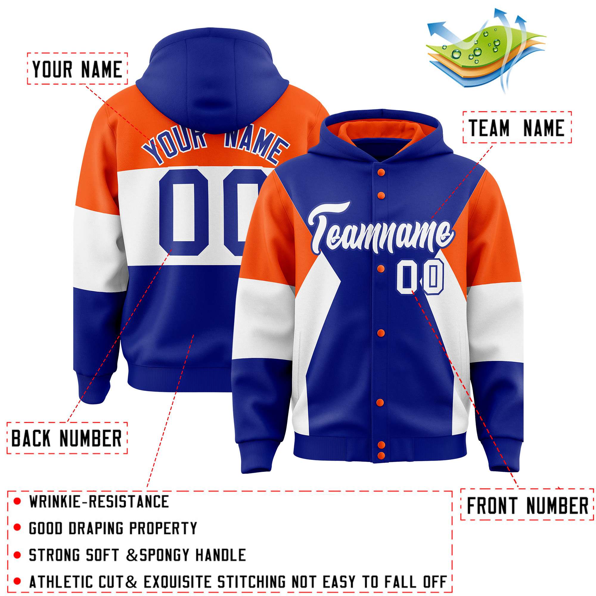 Custom Royal Orange-White Color Block Varsity Full-Snap Letterman Hoodie Jacket