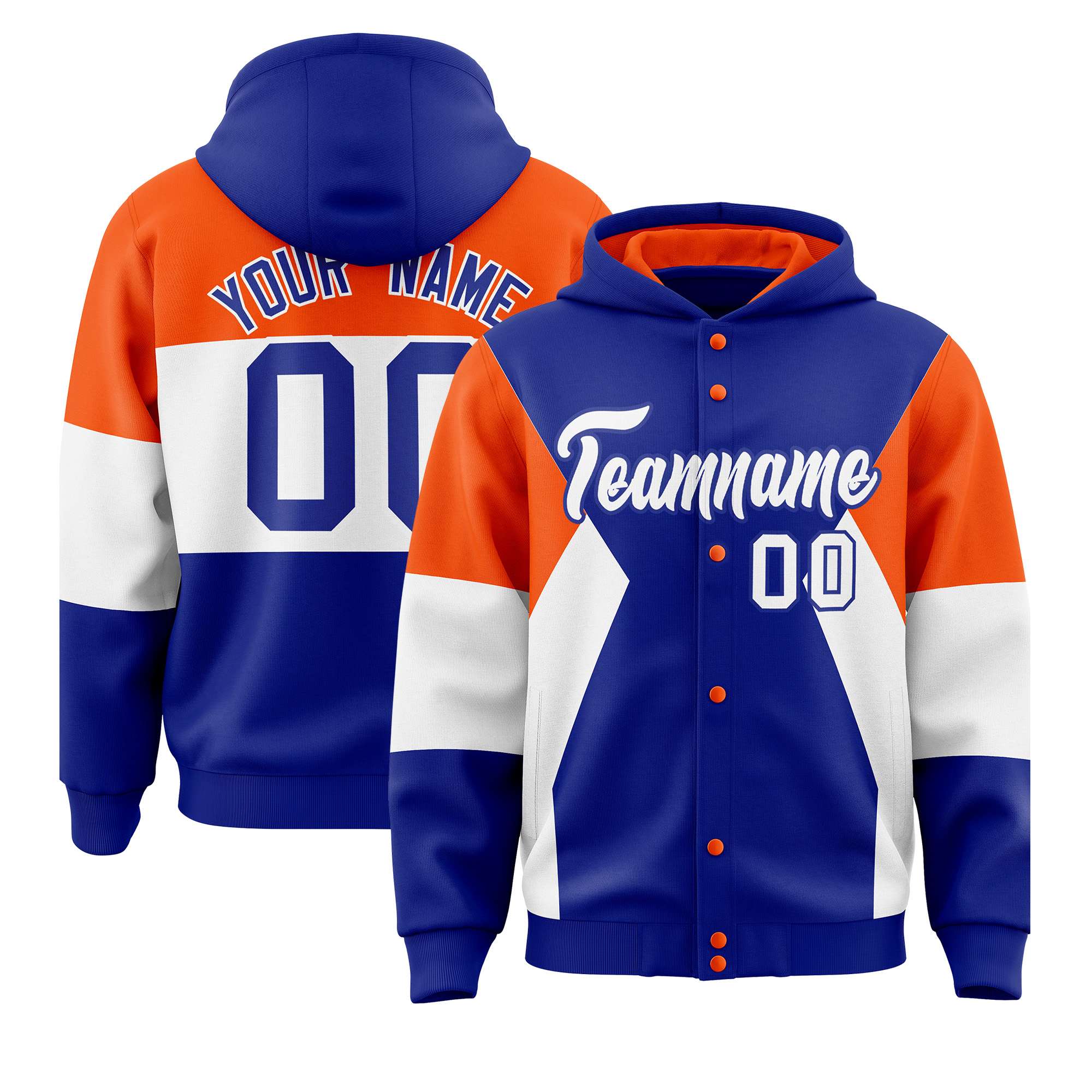 Custom Royal Orange-White Color Block Varsity Full-Snap Letterman Hoodie Jacket