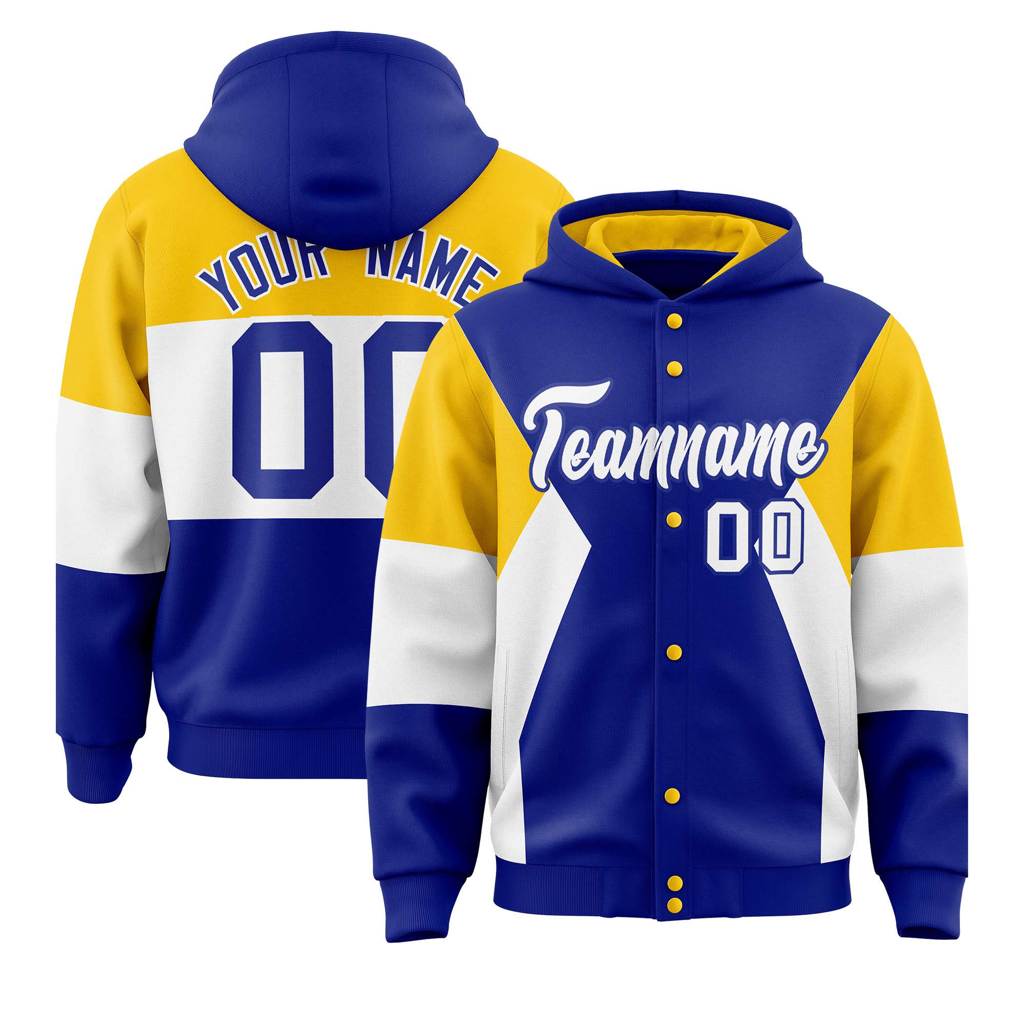 Custom Royal Gold-White Color Block Varsity Full-Snap Letterman Hoodie Jacket