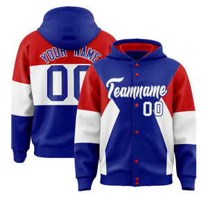 Custom Royal Red-White Color Block Varsity Full-Snap Letterman Hoodie Jacket