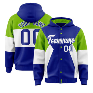 Custom Royal Neon Green-White Color Block Varsity Full-Snap Letterman Hoodie Jacket